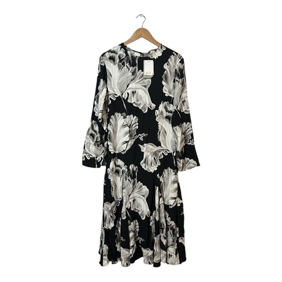 H&M Midi Dress Floral Printed Long Sleeves Viscose Women's Small Black Brand New - Picture 3 of 11